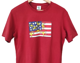 Tienda POP de Keith Haring vintage con la bandera de EE. UU., ilustración de la escena pop art vintage, roja, talla grande