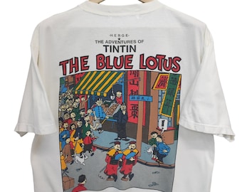 Camiseta blanca de los años 90 con la película Tin Tin, La aventura de Tin Tin, el loto azul, pueblo chino, dibujos animados, anime, Tin Tin, espectáculos animados, talla L