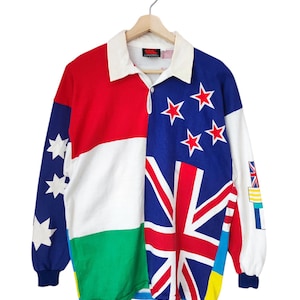 Vintage 90s Canterbury Multi Nations Rugby jersey All Blacks Retro Polo Long Sleeves Rugby New Zealand Australia Shirt size Large mutlicolor