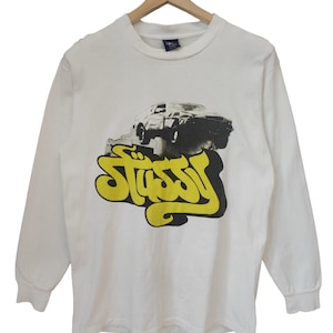 Vintage 90s Stussy Chevrolet Stussy USA &#39;Deadly&#39; Stussy  Sun White LS Street wear made in USA Large