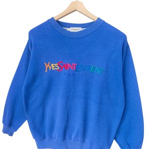 Vintage Yves Saint Lauren Rainbow Embroidery White Sweatshirts YSL Luxury Novelty High Fashion Yves Saint Lauren Spell Out Pour Homme blue M