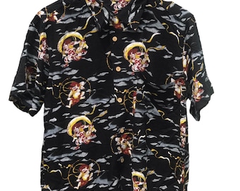 Vintage Japanese Hawaiian surf Fujin X Raijin God Japan Traditional Hawaiian Shirt God of Thunder Asian Motive Fighting size L 100% Rayon