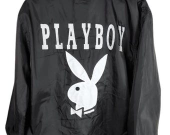 Vintage jaren 80 PLAYBOY Bunny klassiek logo grote pop-art Playboy Magazine pop psychedelische Playboy polyester coach lichte jas groot formaat