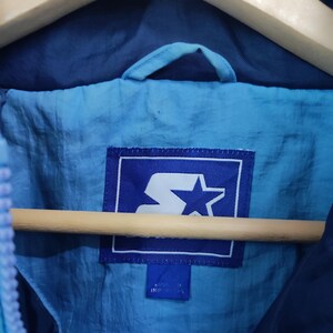 May include: A blue jacket featuring a light blue interior lining and a rectangular Starter brand label in white and blue. The label displays a stylised S logo with a star. A smaller blue tag below the main label indicates the country of origin.