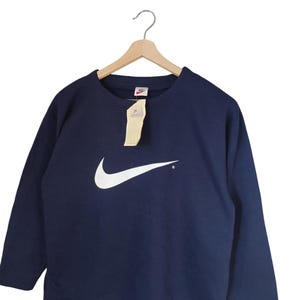 Vintage 90s NIKE Swoosh Nike white Tag Medium Nike Swoosh Logo Sweatshirt Pullover Jumper Streetwear Style Size Medium dark blue