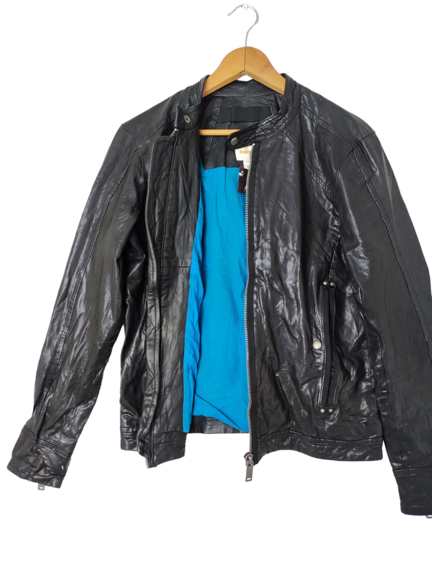 Vintage Diesel Sheep Leather Jacket Blue Lining Diesel Riders