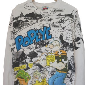 Vintage 90s Popeye Sailorman movie Cartoon Network Character All over print t shirt Popeye spinach with Popeye jr olive oyl LS Large