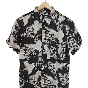 Vintage Roushatte Japan Aloha Hawaiian Shirts 100% rayon sun surf inspired "Airboren Japanese cranes" Waipahu Hawaii Aloha Shirt Large
