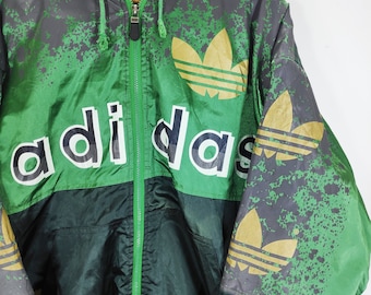 【ADIDAS】Originals Big Trefoil logo jacket green★追跡可 VTG 90s Adidas Big Trefoil Logo Quilted Hooded Coat Jacket