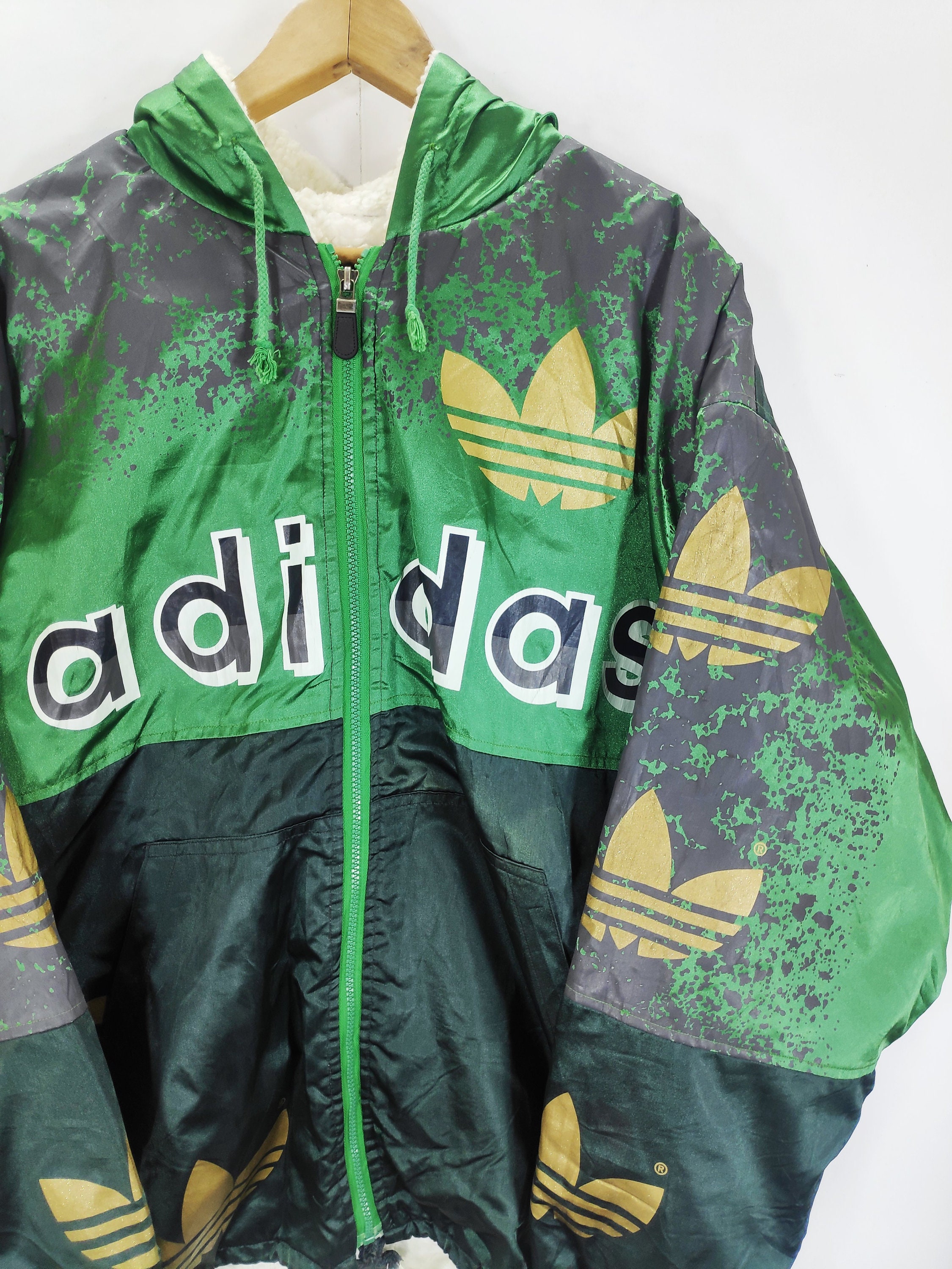 【ADIDAS】Originals Big Trefoil logo jacket green★追跡可 VTG 90s Adidas Big Trefoil Logo Quilted Hooded Coat Jacket