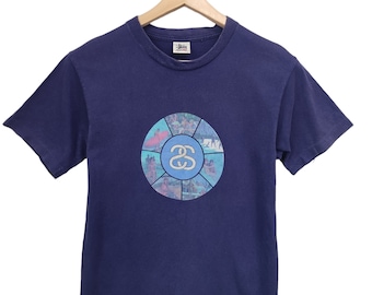 Impresión fotográfica recortada en disco Stussy Old Skool de los años 80 de Stussy Escenas de surf de California y Hawái Stussy Ropa de calle azul Hecho en EE. UU. Mediano