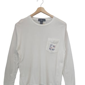 Vintage Polo P2 RL-67 Polo Ralph Lauren Polo P wing Polo star Street wear Sportswear Outdoor polo USA pocket tee white sz Small