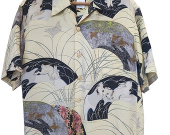 Vintage LaLaKai(ララカイ) Aloha Shirt Japan Hawaiian Moon Rabbit Aloha Hawaii 100% silk Shirt Summer Medium