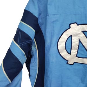 May include: A light blue and navy blue windbreaker jacket featuring a large white embroidered NC logo on the back. The jacket includes a Starter brand logo near the collar, long sleeves with navy blue and light blue stripes, and white piping.