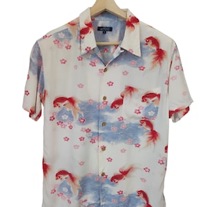 Vintage Japanese Hawaiian North zone 100% Rayon Surf Japanese Hawaiian Shirt Gold fish collection aloha Hawaiian summer shirt vintage 90s L
