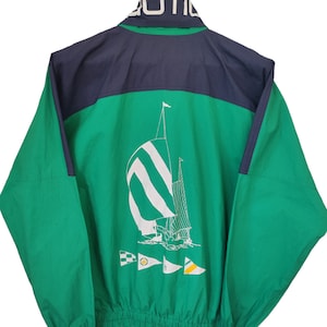 Vintage 90&#39;s Nautica Men&#39;s Green Hidden Hooded Jacket Nautical Sailing Spell out Patch Yachting Windbreaker Nautica Sailing Gear size L