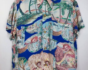 Vintage Hawaiian Aloha Shirt Fell the aloha spirit hand printed rare 80s Hawaiian Waipahu Hawaiian Aloha Luau tribe surfing beach shirt