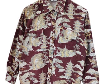 Camicie hawaiane vintage House of Blues, bottoni automatici Sukajan con tigri e draghi giapponesi, camicia western Oxford con bottoni Sukajan Souvenirs, anni '90