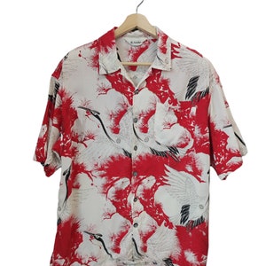 Vintage Kinu Japan Hawaiian Open Collar Hawaiian Shirts 100% rayon sun surf inspired &quot;Airboren cranes&quot; Aloha Hawaii Shirt Summer Medium