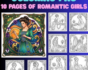 Art Nouveau Girls Coloring Pages - 10 Page Valentine's Day Designs (PDF Download)
