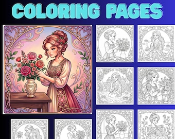 Art Nouveau Coloring Pages, Valentine's Day Coloring Book (PDF Downloadable