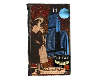 Qu’est-ce qui ne va pas avec elle ? Small Contemporary Collage, Mixed-Media, Antiquaire jeter substrat, 5" x 3", Original Art, Only one!