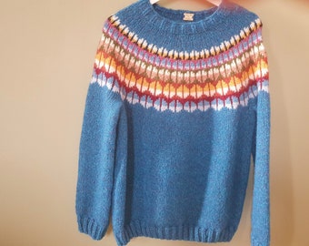 Pull nordique UK 12/14 M/L Islandais jacquard multicolore avec empiècement - Alpaga mérinos