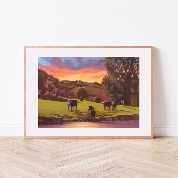 Landscape Acrylic Art Print, Painting, Wall Art, Artwork - COWS AT SUNSET
