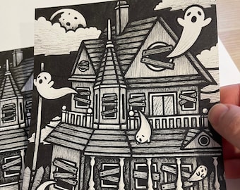 Haunted House Spooky Pen Drawing Cute Print 5"x7"