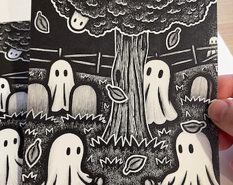 Ghost Trend Spooky Pen Drawing Cute Print 5"x7"