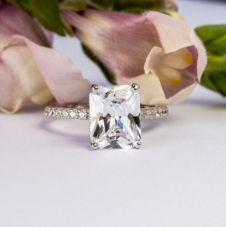 Emerald Cut Engagement Ring Sterling Silver and Cubic - Etsy
