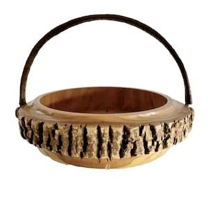 Vintage Wooden 10 Inch Rustic Bowl Basket With Wicker Handle