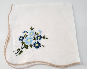 Hand Embroidered Blue Floral Linen Napkin