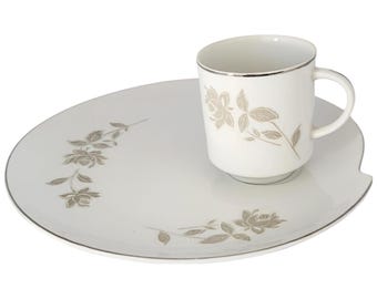 Vintage Gray Floral Winterlight Fine China Japan Ceramic Snack Plate and Cup Set