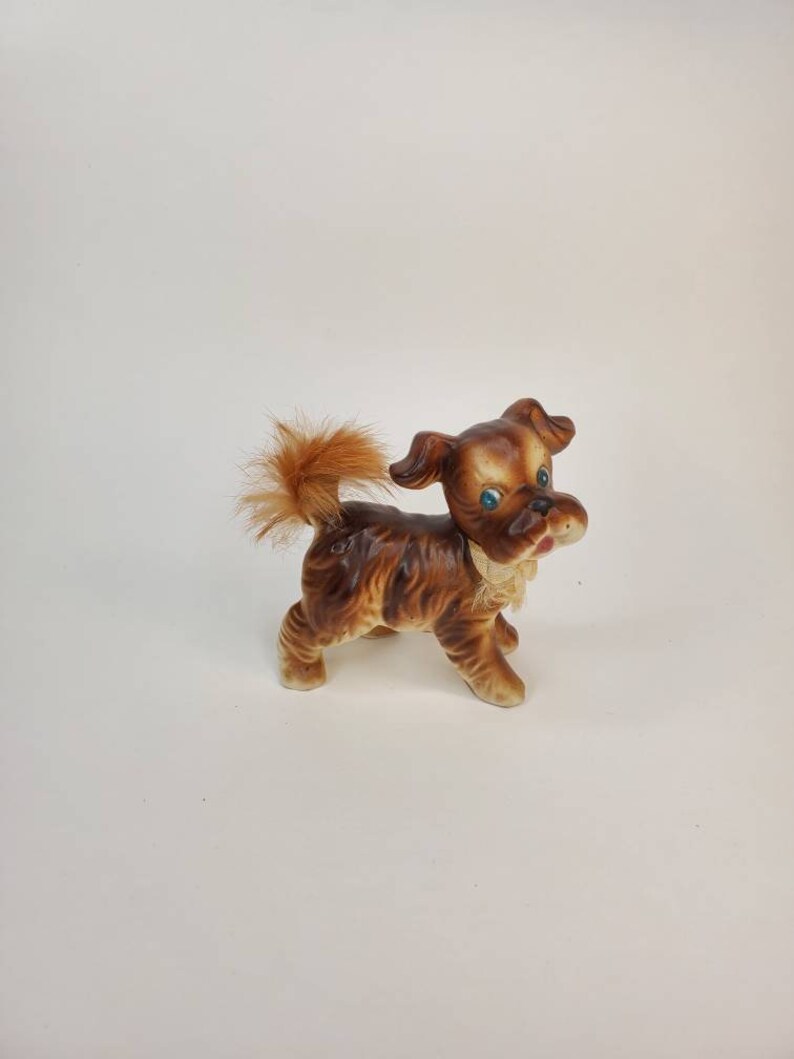Vtg Dog figurine porcelain with real fur tail rabbit fur Terrier figurine Spaniel dog Japan