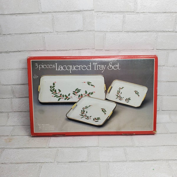 Vintage 3 piece Hand Decorated Holly Berry White Christmas Lacquered Lacquer Tray Set new in box, bar tray, serving tray, xmas decor tray