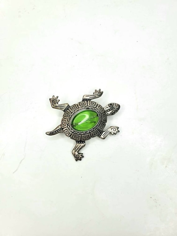 Vtg Silver Tone Turtle Brooch Jelly Belly Green Si