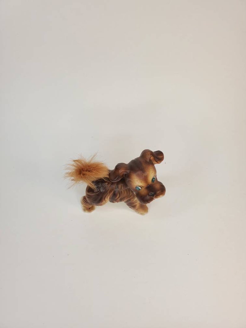 Vtg Dog figurine porcelain with real fur tail rabbit fur Terrier figurine Spaniel dog Japan