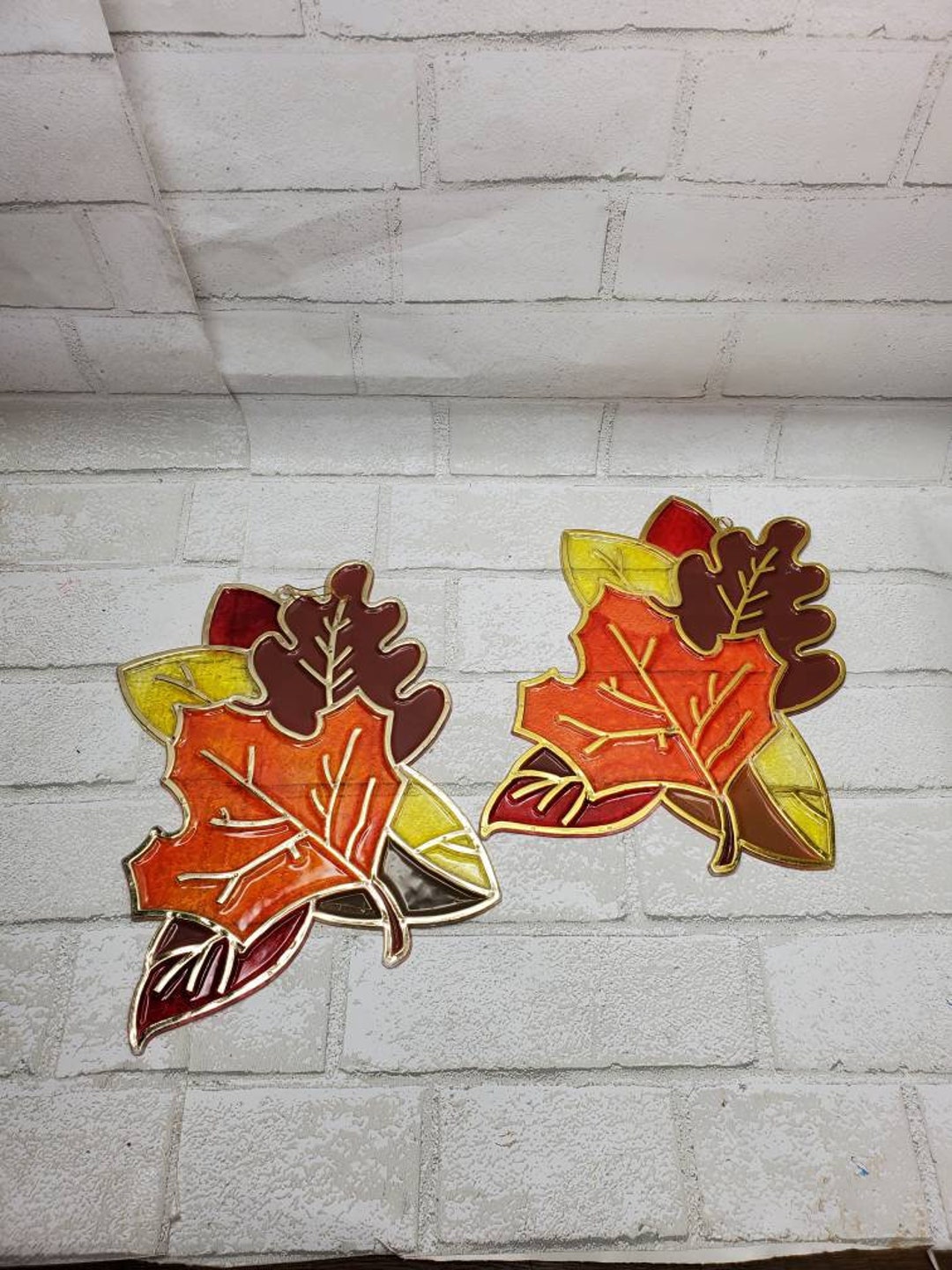 Vtg Plastic Stained Glass Window Hanging Fall Leaves Plastic Etsy
