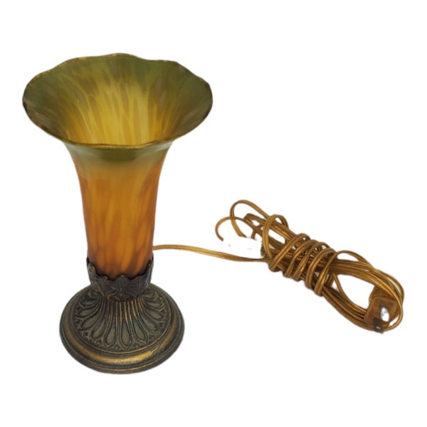 Vintage Glass Brass Tabletop Lamp Andrea by Sadek Trumpet Shade Amber Green Desk Lamp Boudreau lamp