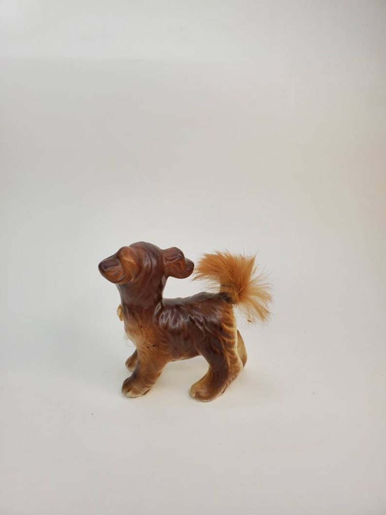 Vtg Dog figurine porcelain with real fur tail rabbit fur Terrier figurine Spaniel dog Japan