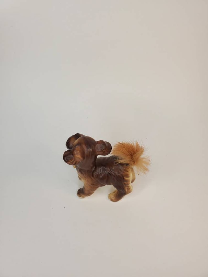 Vtg Dog figurine porcelain with real fur tail rabbit fur Terrier figurine Spaniel dog Japan