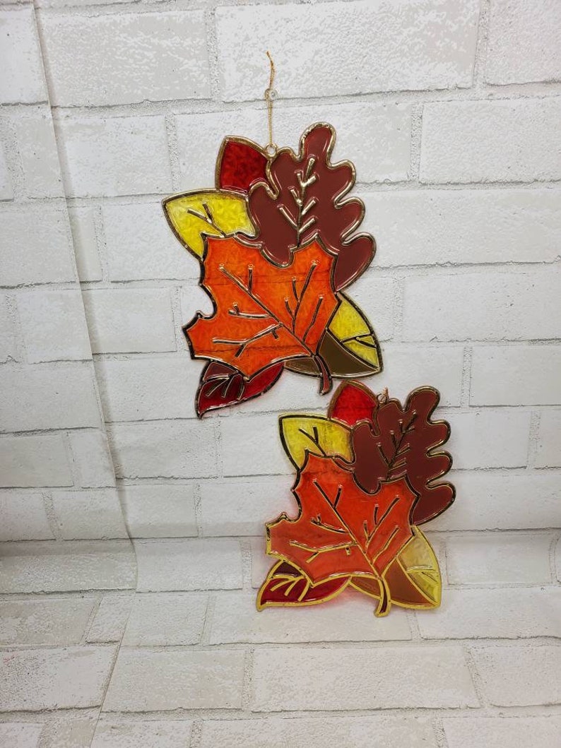 Vtg Plastic Stained Glass Window Hanging Fall Leaves Plastic Etsy