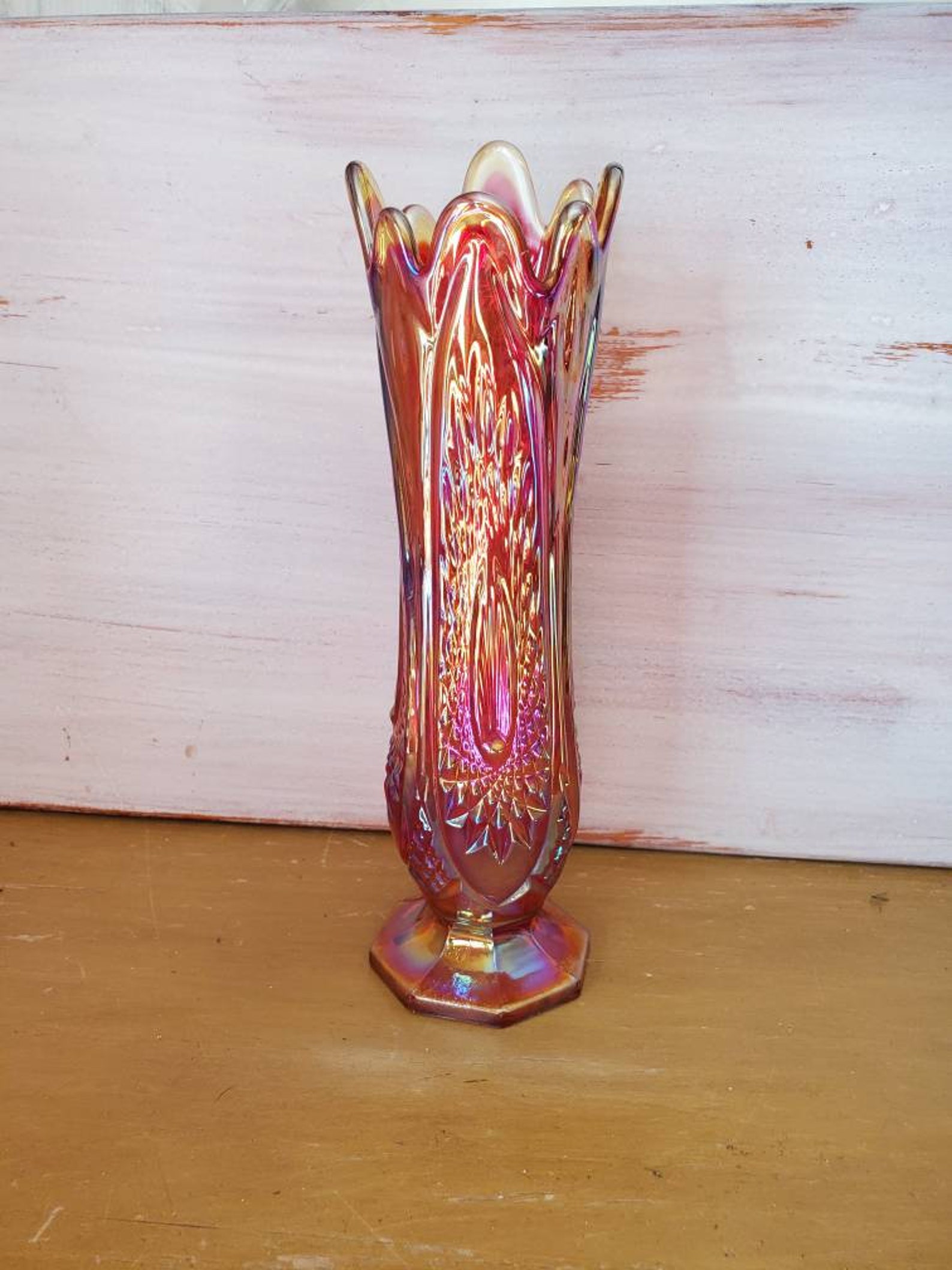 Vtg Swung Glass Vase Indiana Glass Amberinia Carnival Glass Etsy