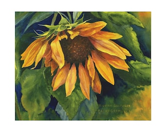 Midnight SunflowerTextured Watercolor Print