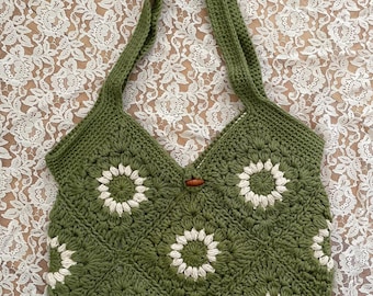 Handmade Crochet Granny Square Bag, Cotton Yarn, Lined, Wooden Button Detail