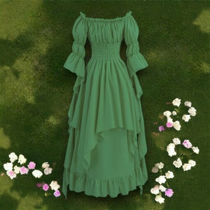 Mittelalterliches Frauenkleid, viktorianisches Frauenkleid, schulterfreies Kleid, irisches Chemise-Kostüm, Renaissance-Faire-Kleid, Feenkleid, Gothic-Hexenkleid Grass green