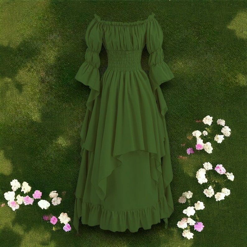 Robe médiévale pour femme, robe victorienne pour femme, robe à épaules dénudées, costume chemise irlandaise, robe de fête de la Renaissance, robe de fée, robe de sorcière gothique Blackish green