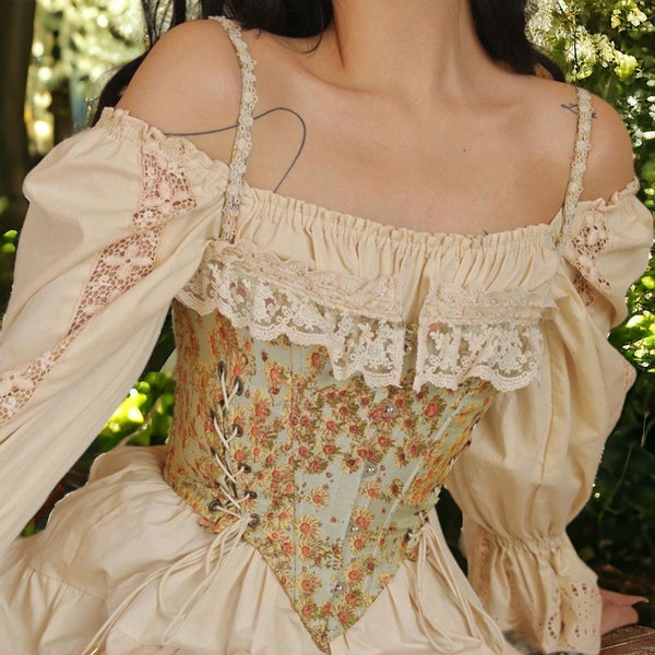 Ceinture corset pour femme, corset Renaissance, corsage victorien, buste médiévale, corset vintage Court, gilet à imprimé floral, haut à lacets en arête de poisson, bustier