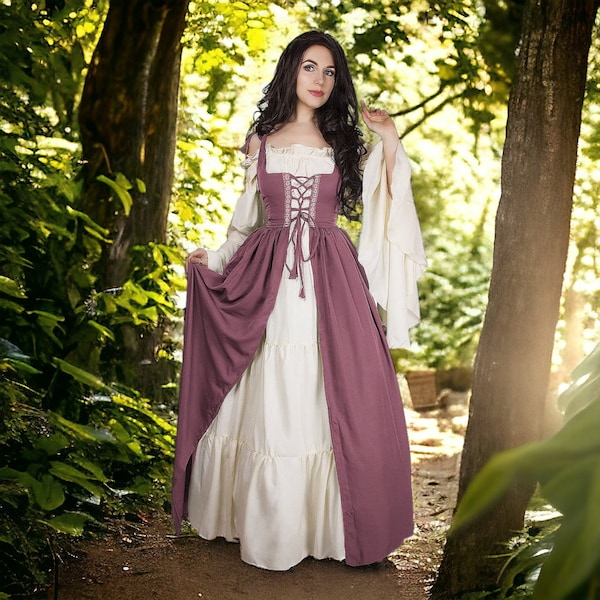 Mittelalterliches Renaissance-Kleid, Larp-Cosplay-Kostüm, SCA-Damen-Langes Kleid, Cosplay-Kleid, Grün, Blau, Schwarz, Rosa